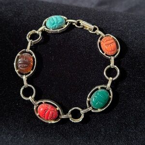 Vintage Silver Multicolor Egyptian Revival Scarab Beetle Links Bracelet 6.5”